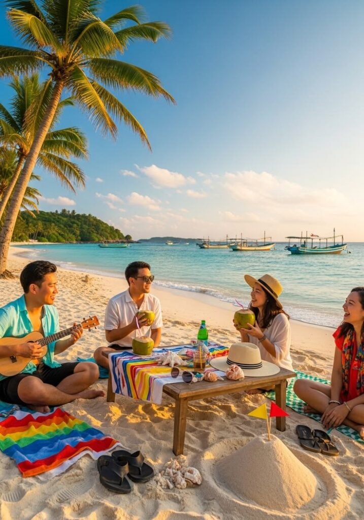 Friends Enjoying A Relaxing Beachside Getaway Together On A Sunny Day